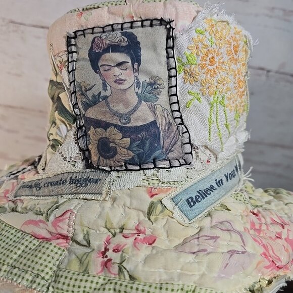 OOAK Magnolia Boho Quilt Top Hat Indie Upcycled Frida Bird Vtg Cat Adjusts L-S - Picture 6 of 14